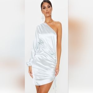 PrettyLittleThing One Shoulder Ruched Satin Bodycon Dress - Silver Size 12